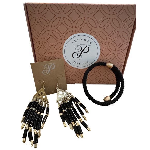 Plunder Jewelry - Plunder Design Jewelry Set Black Gold Beaded Fringe Earrings Wrap Bracelet NIB